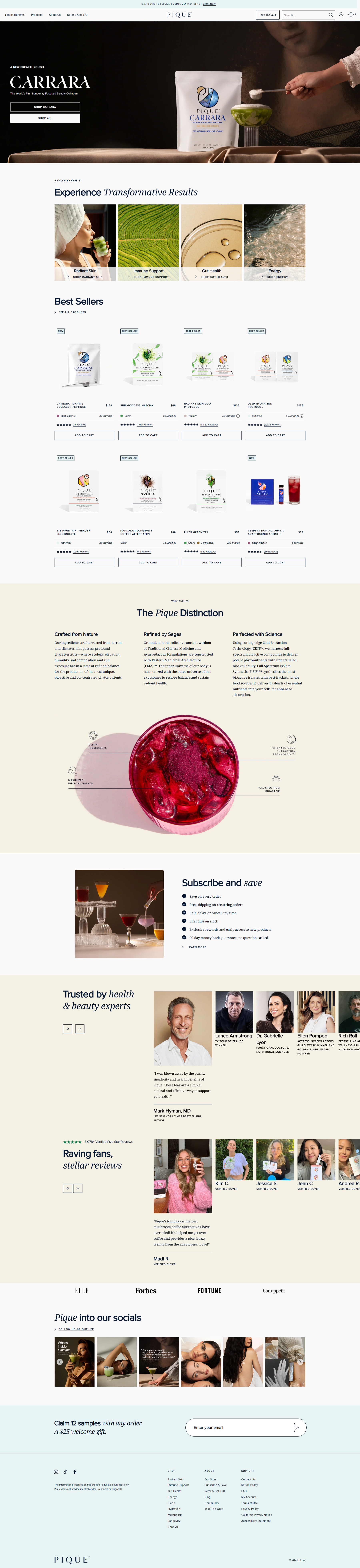 Full homepage desktop scrolling showcase for Pique Life Shopify Plus custom theme design.