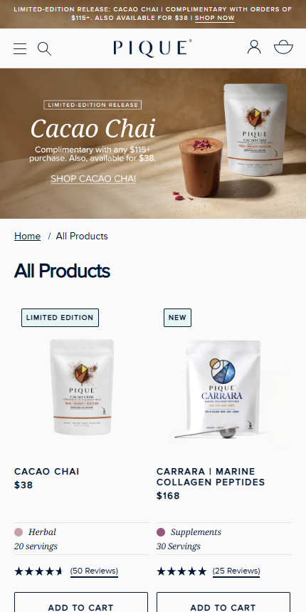 Responsive mobile UX mockups and product collection view for Pique Life.