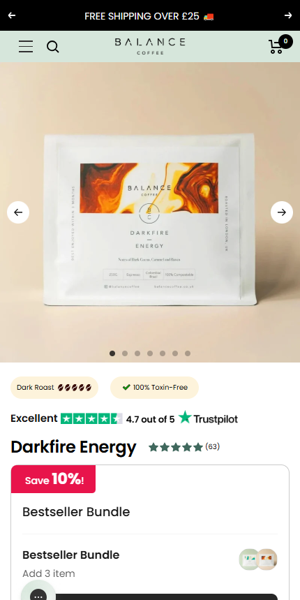 Mobile product page for Balance Coffee's "Darkfire Energy" dark roast