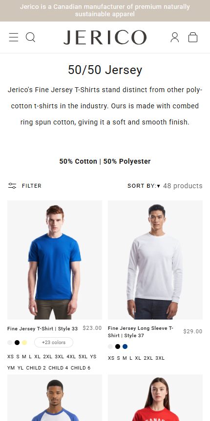 Responsive mobile UX mockups and product collection view for Jerico.