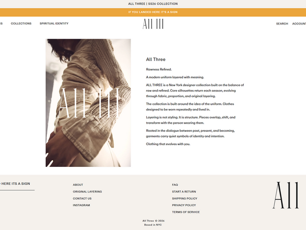 Website page for 'All Three' clothing collection with text and image of a person wearing layered clothing.