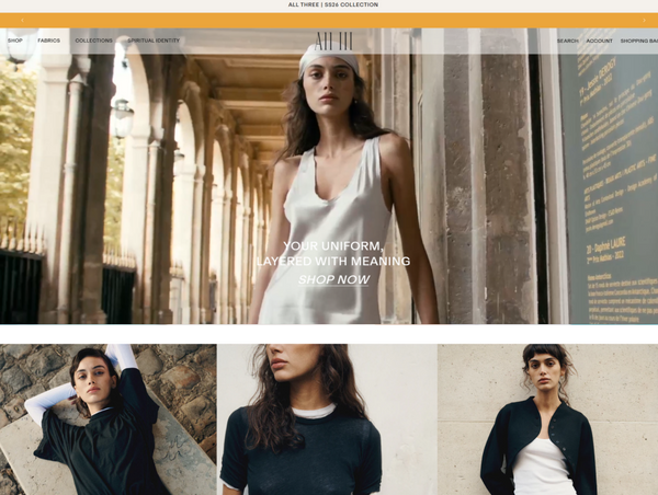 A desktop view screenshot of the All Three (All III) e-commerce homepage, featuring a large editorial hero image