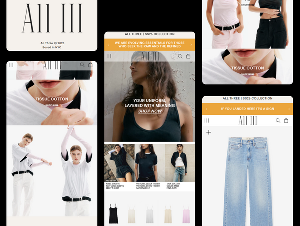 Collage of fashion brand advertisements with clothing collection and promotional text.