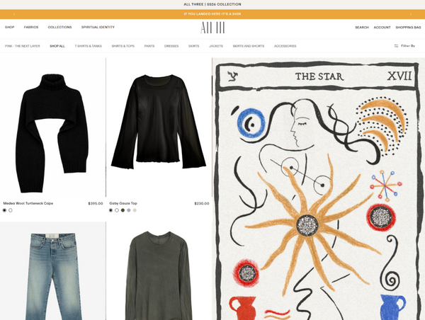 A desktop view screenshot of the All Three (All III) "Shop All" collection page and a large artistic tarot card graphic