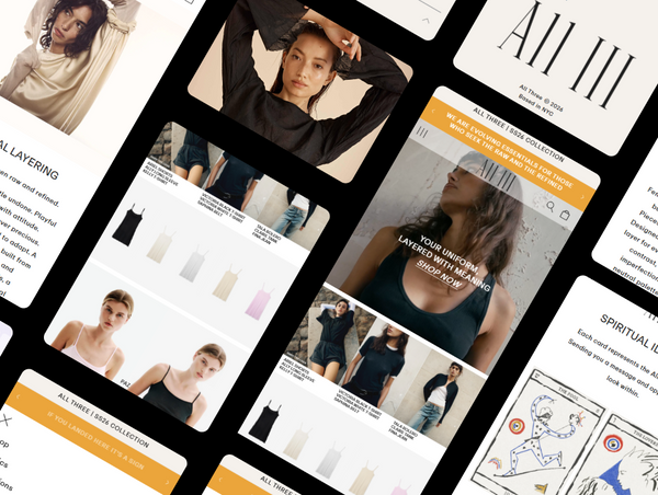 Collage of fashion website pages with product images and branding.