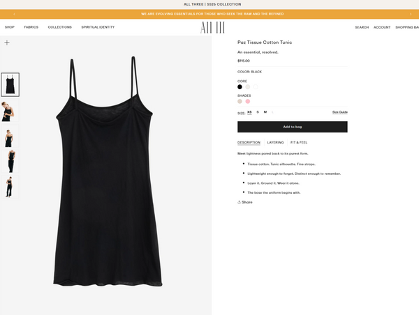 A desktop screenshot of the product page for the "Paz Tissue Cotton Tunic" on the All Three (All III) e-commerce website