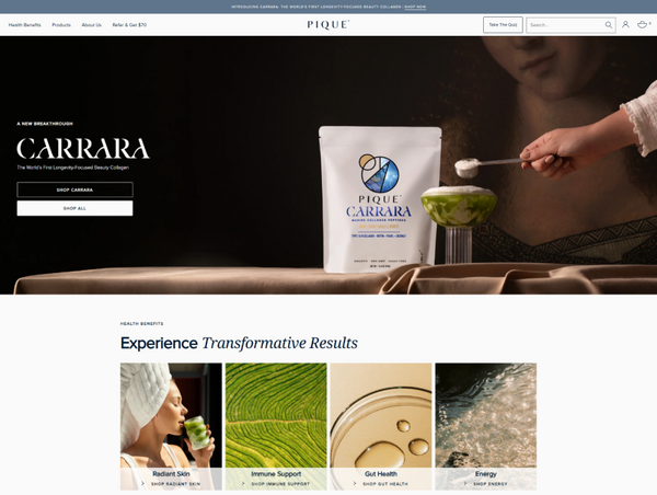 A desktop view screenshot of the top portion of the Pique homepage, displaying a large dark hero banner above a "Health Benefits".