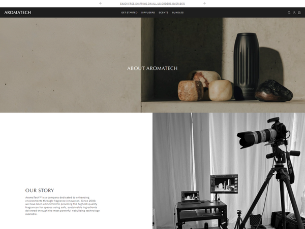 Aromatech About Us page with a camera on a tripod and decorative items.