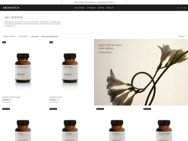 A desktop view screenshot of the Aromatech "All Scents" collection page, showcasing a grid of aroma oil bottles including Dubai Chocolate and Tomato Leaf.