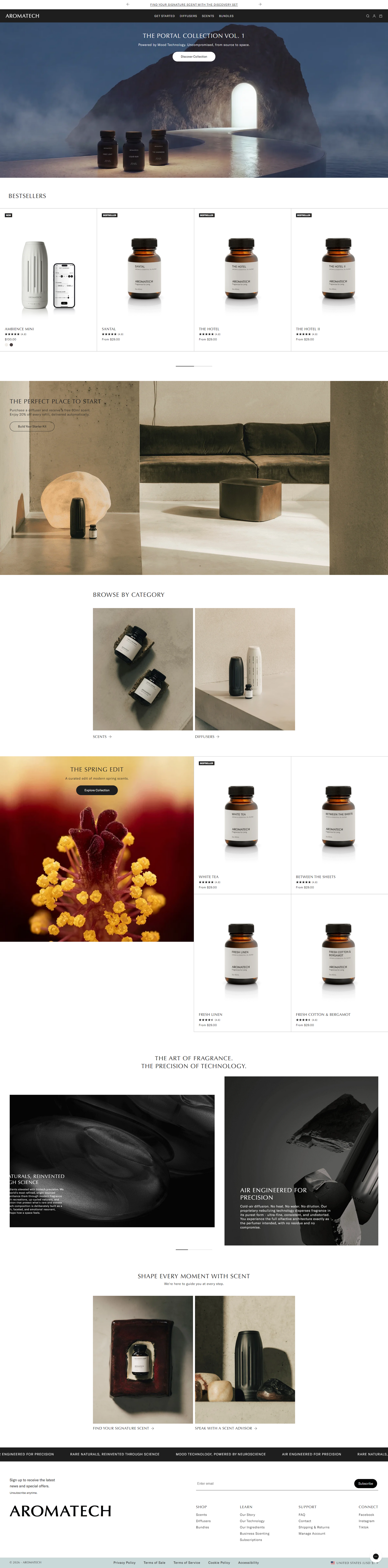 A long, full desktop website screenshot showing the complete layout, product listings, and branding banners of the Aromatech online store by Ambiw.