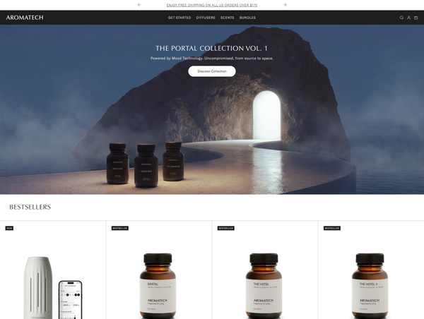 A desktop view screenshot showing the top section of the Aromatech website homepage, featuring a large surreal cave banner and the beginning of a bestsellers product grid.