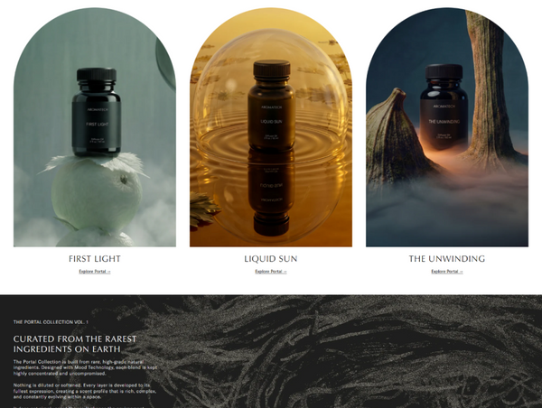 A desktop view screenshot showing a section of the Aromatech website featuring three arched, surreal product banners for First Light, Liquid Sun, and The Unwinding aroma oils above a dark text block.