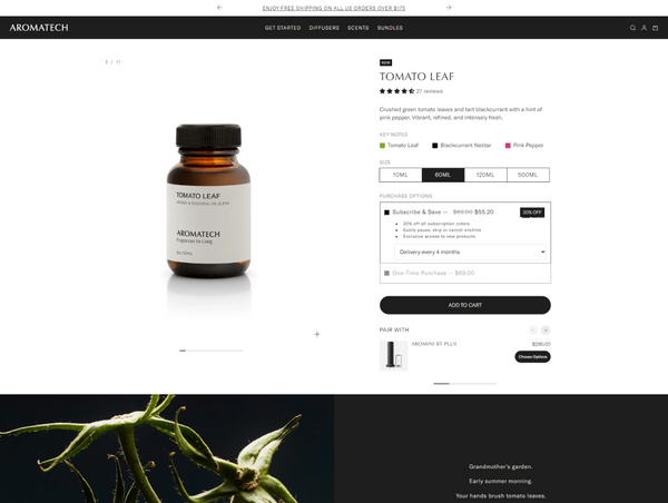 Aromatech Tomato Leaf product on a website with a close-up of a tomato leaf below.