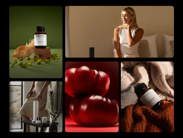 A collage of lifestyle and ingredient images, featuring a bottle of aroma oil with pistachios, a woman relaxing near a diffuser, fresh tomatoes, and an oil bottle nestled in warm blankets.