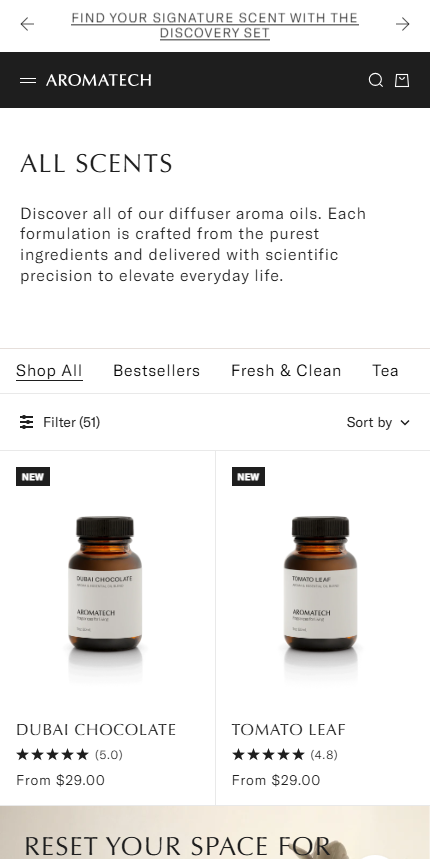 A mobile screen preview testing the responsive layout of the Aromatech "All Scents" collection page, showing product filters and a two-column grid listing bottle options.