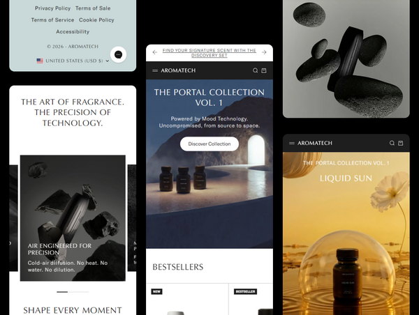 A collection of mobile screen previews showcasing the responsive layout, product features, and interface design of the Aromatech online store on handheld devices.