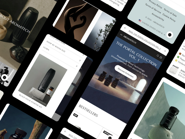 A collection of mobile screen displays showcasing the responsive design, mobile navigation menu, and user experience layout of the Aromatech online store on different devices.