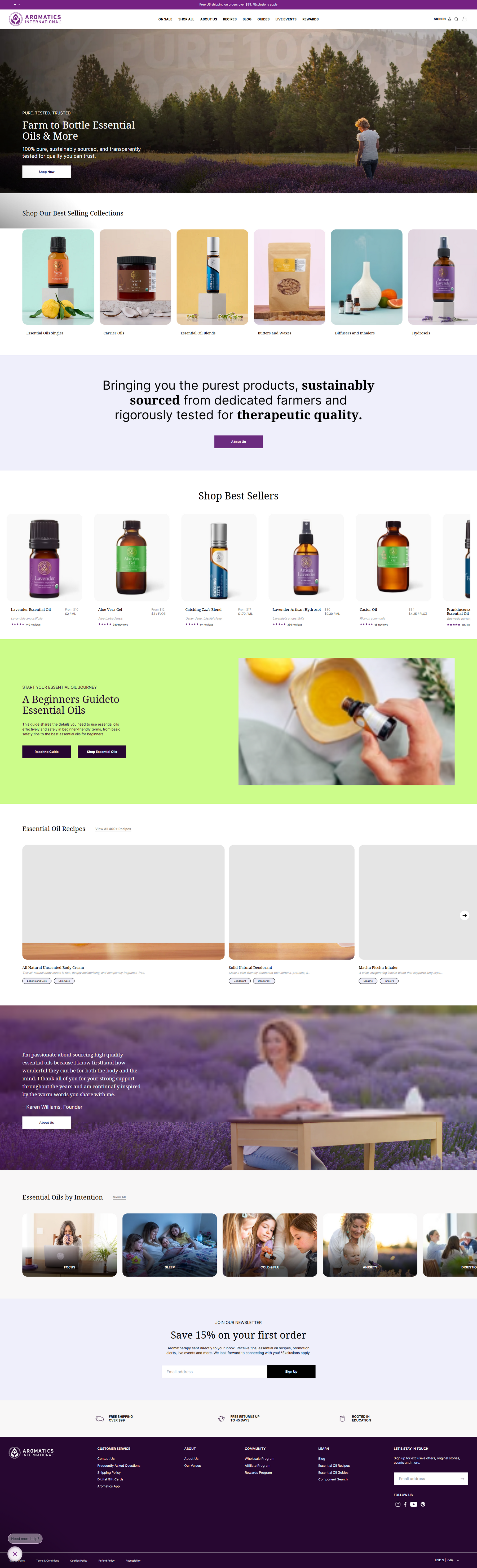 Full homepage desktop scrolling showcase for Aromatics International Shopify custom theme design by Ambiw.