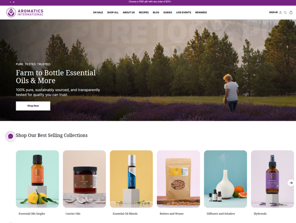 Desktop homepage of Aromatics International displaying a "Farm to Bottle" hero banner above a row of best-selling product categories.