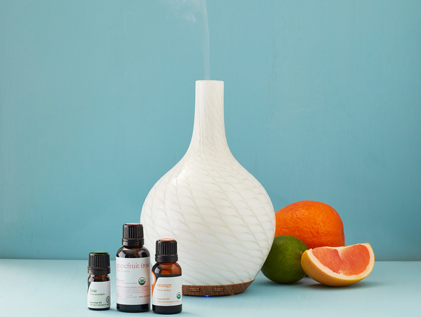 White diffuser with essential oils and fruits