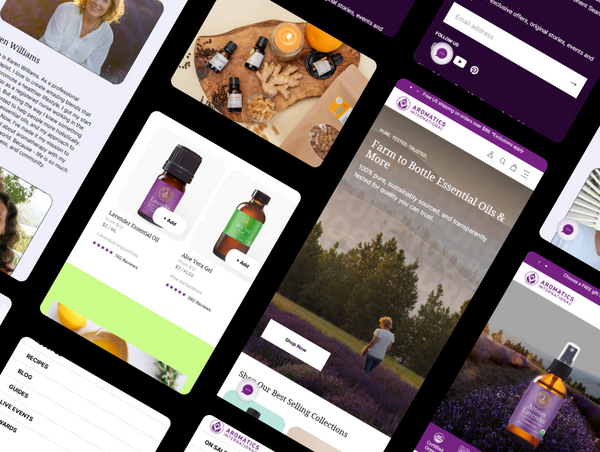 A diagonal grid collage of Aromatics International's mobile web screens, showcasing natural product listings, ingredient flat lays, and wellness banners.
