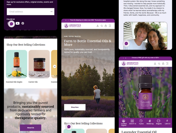 A digital collage of mobile web screens for Aromatics International showcasing their homepage banner, product categories, and lavender essential oil.