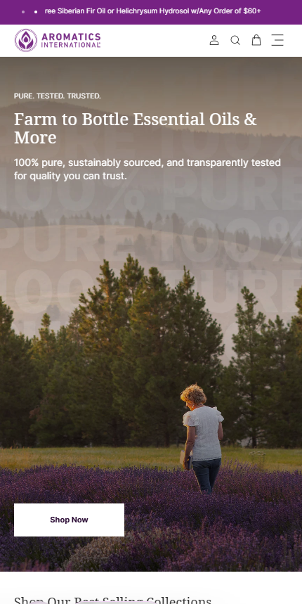 Mobile homepage for Aromatics International featuring a tranquil "Farm to Bottle" hero banner