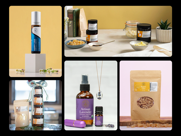 A multi-panel product collage for Aromatics International showcasing natural body butters, essential oils, lavender hydrosol, and raw ingredients.