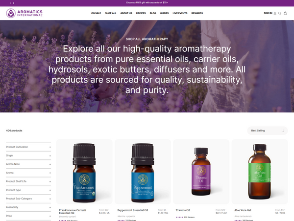 Desktop "Shop All Aromatherapy" page for Aromatics International