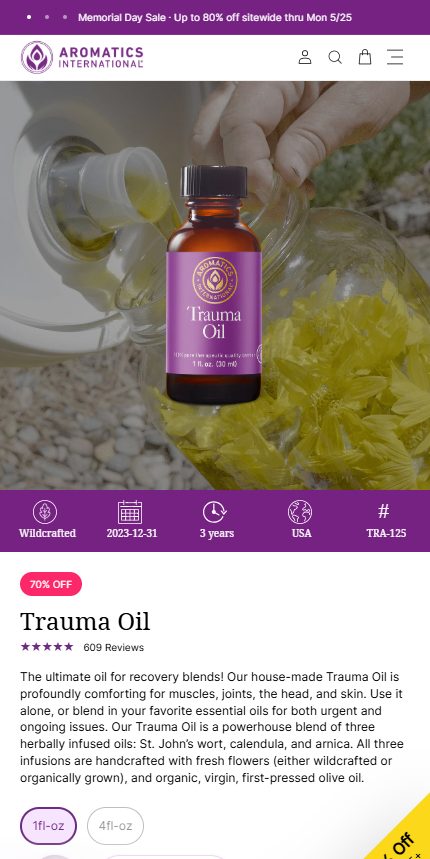Mobile product page for Aromatics International's Trauma Oil