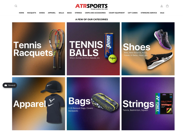Desktop web page grid for ATR Sports showing six product categories: Tennis Racquets, Tennis Balls, Shoes, Apparel, Bags, and Strings.