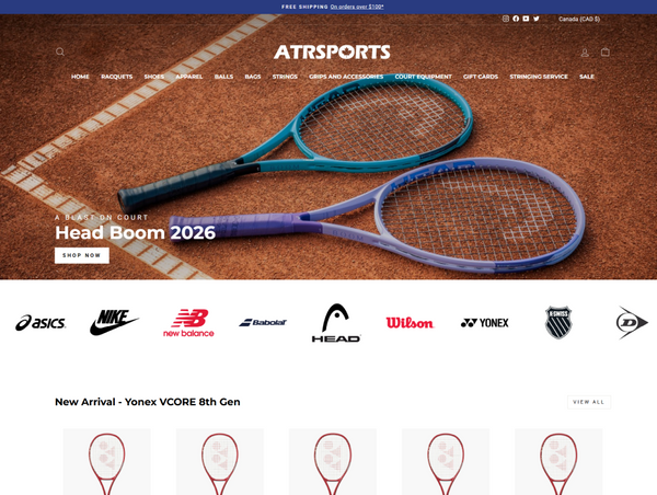 Desktop homepage of ATR Sports displaying a large "Head Boom 2026" banner with two tennis racquets