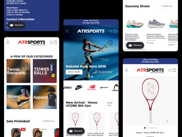 Collage of various sports equipment and brand websites.