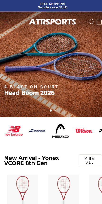 Mobile homepage of ATR Sports displaying a "Head Boom 2026" banner