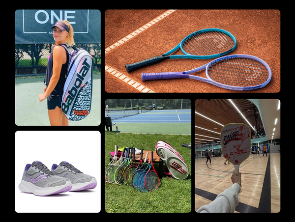 A product collage for ATR Sports showcasing tennis racquets, Saucony running shoes, a player with a Babolat bag, a line-up of tennis gear, and an indoor pickleball court.