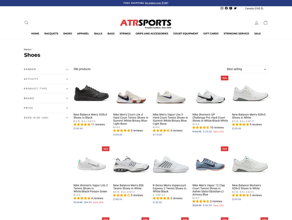 Desktop collection page of ATR Sports for "Shoes," featuring a product grid of various New Balance, Nike, and K-Swiss athletic footwear with filters on the left.