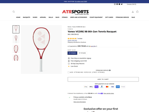 Desktop product page of ATR Sports for the Yonex VCORE 98 8th Gen Tennis Racquet, displaying product images on the left and purchase details on the right.