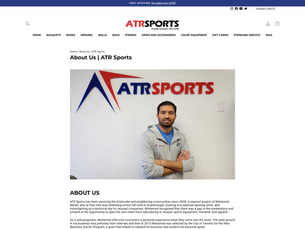 Desktop "About Us" page of ATR Sports featuring a photo of owner Mohamed Merali standing in front of the company logo wall.