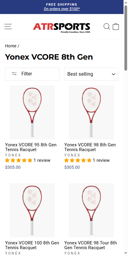 Mobile collection page on ATR Sports for the Yonex VCORE 8th Gen tennis racquets