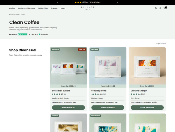Desktop collection page for Balance Coffee's "Clean Coffee" category