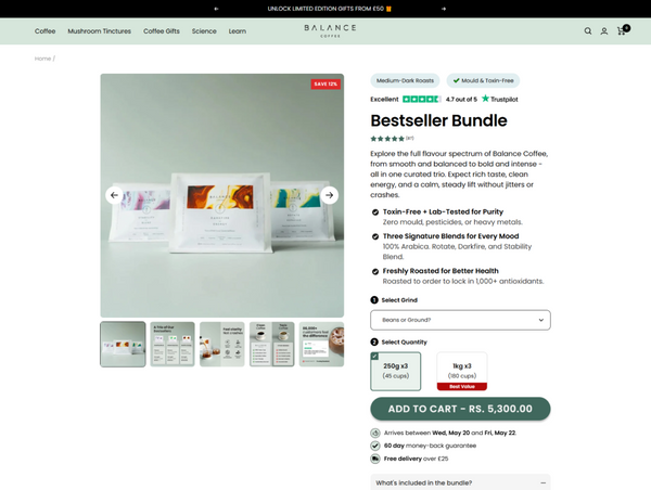 Desktop product page for Balance Coffee's "Bestseller Bundle," featuring three bags of coffee