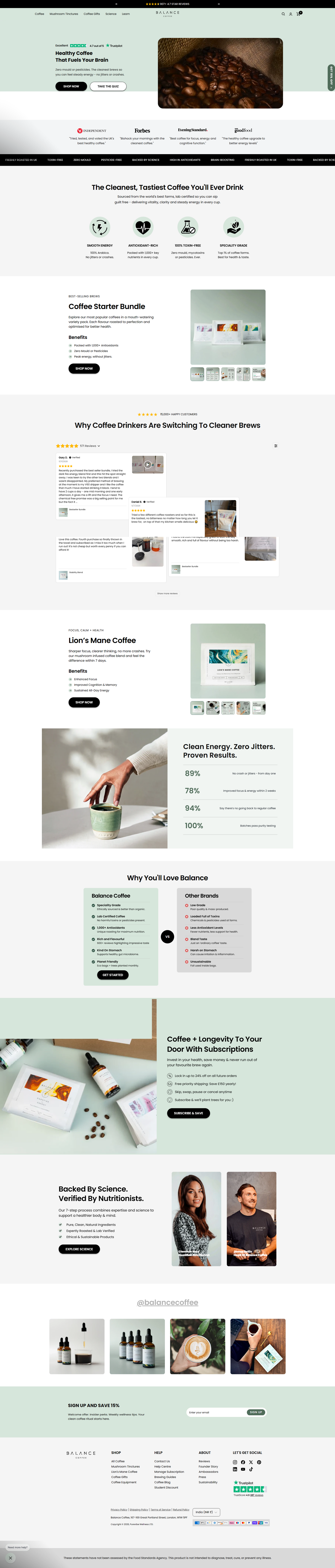 Full homepage desktop scrolling showcase for Balance Coffee Shopify custom theme design by Ambiw.