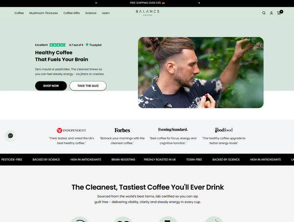 Desktop homepage for Balance Coffee showing their "Healthy Coffee That Fuels Your Brain" banner