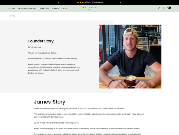Desktop screenshot of Balance Coffee's "Founder Story" page, showing a photograph of the founder, James Bellis