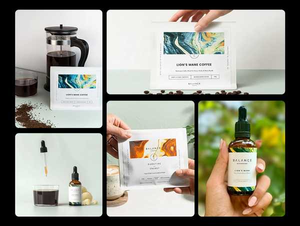 A vibrant product collage for Balance Coffee showcasing their Lion's Mane range