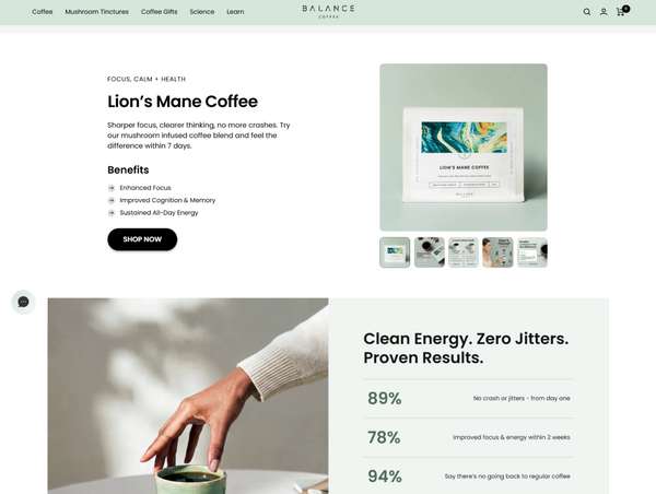 Desktop product page for Balance Coffee's "Lion's Mane Coffee,"