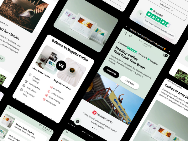 Collage of various coffee-related articles and images in a Balance Coffee Shopify Store.