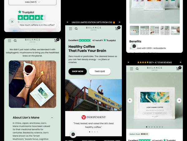 Collage of various web pages with coffee-related content and branding.