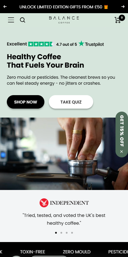 A mobile homepage screenshot for Balance Coffee featuring their headline "Healthy Coffee That Fuels Your Brain,"