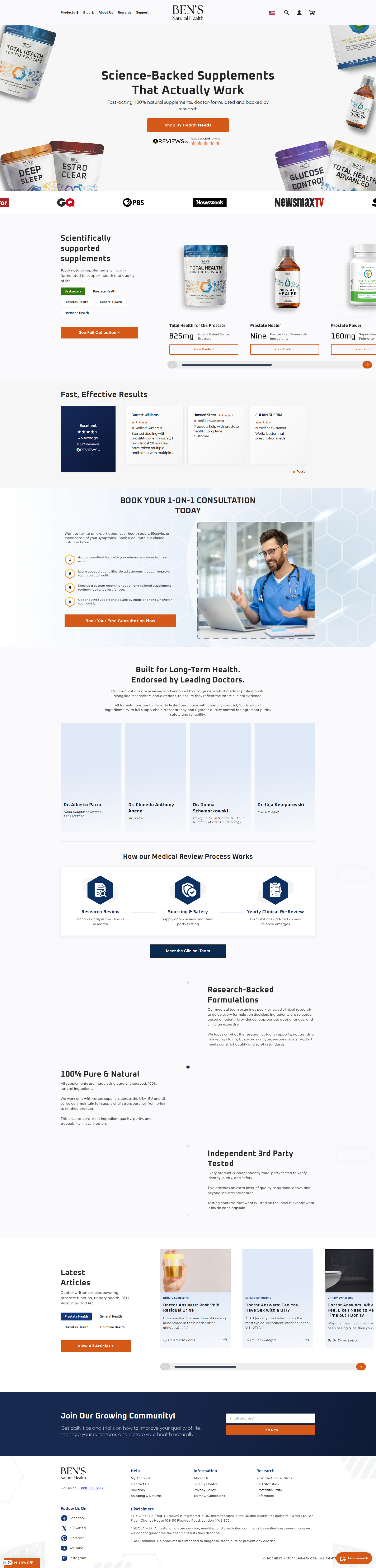 Full homepage desktop scrolling showcase for Ben's Natural Health Shopify custom theme design by Ambiw.